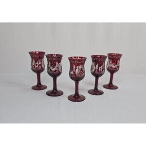Vintage Egermann Bohemian Ruby Red Etched Cordial Glasses | Set of 5 | Cut Clear